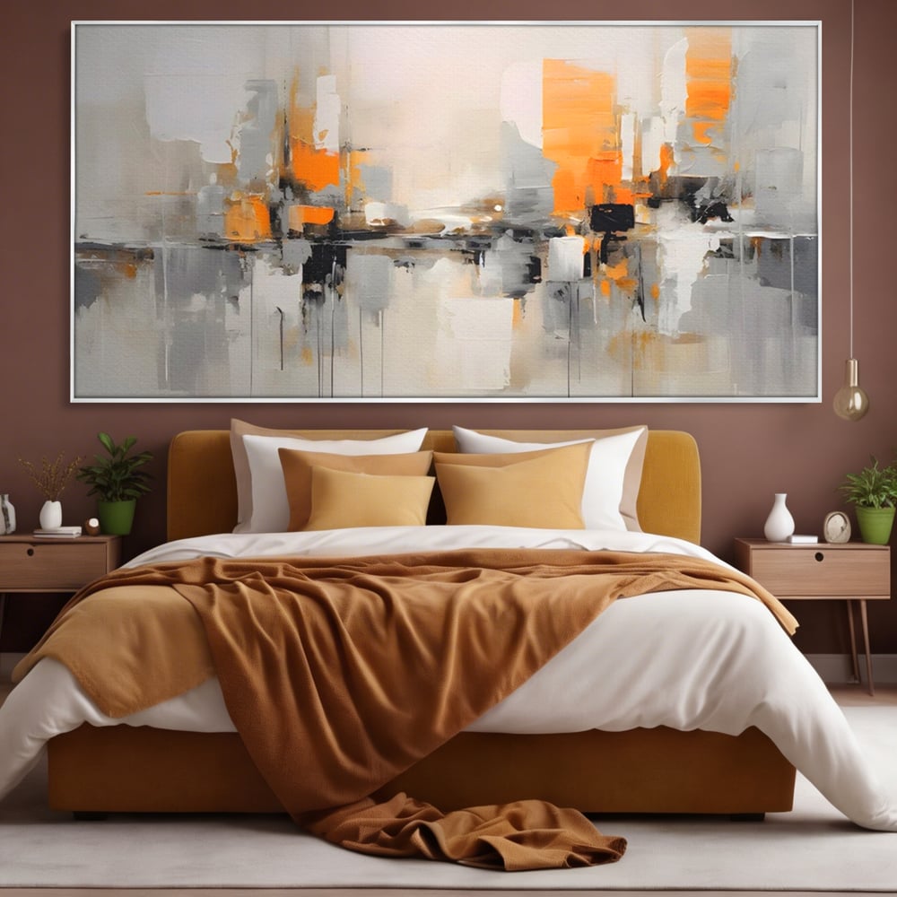 Tablou canvas cu pictura abstracta cu reflexii urbane, in rama de aluminiu argintiu, pe perete intr-un dormitor